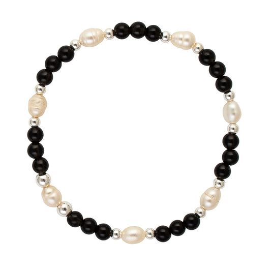 Blake Black Obsidian and Freshwater Pearl Sterling Silver Bracelet