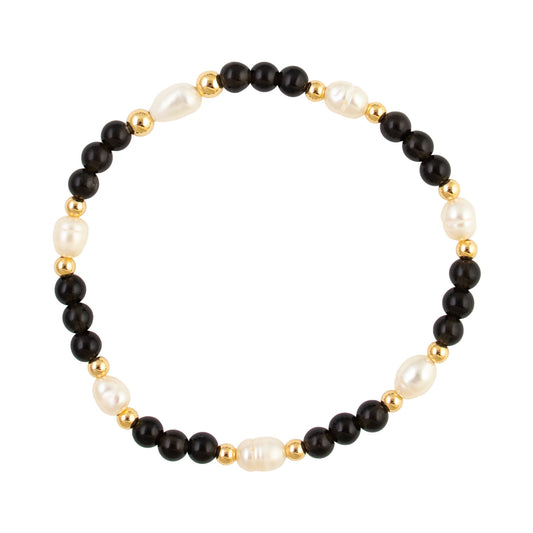 Blake Black Obsidian and Freshwater Pearl Gold Filled Bracelet