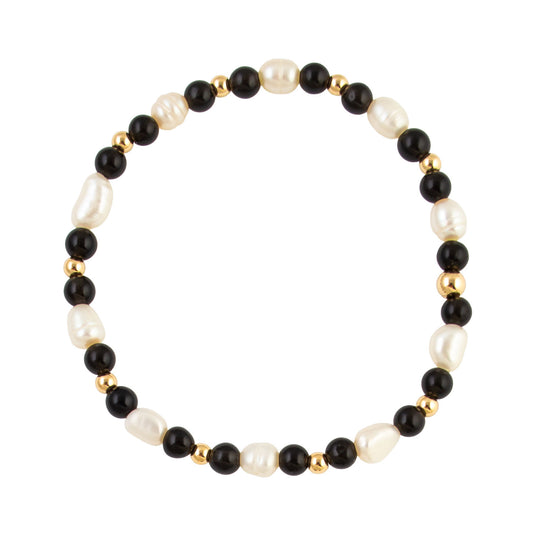 Ellis Black Obsidian and Freshwater Pearl Gold Filled Bracelet